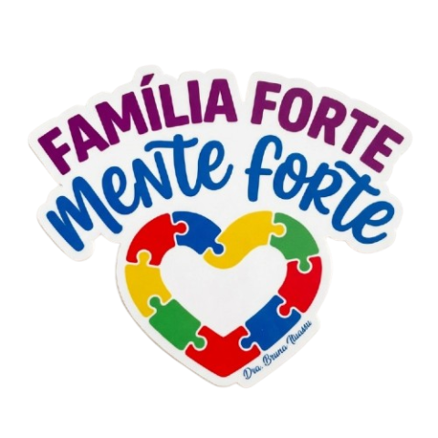 Adesivo Família Forte, Mente Forte — coração com peças coloridas de quebra-cabeça